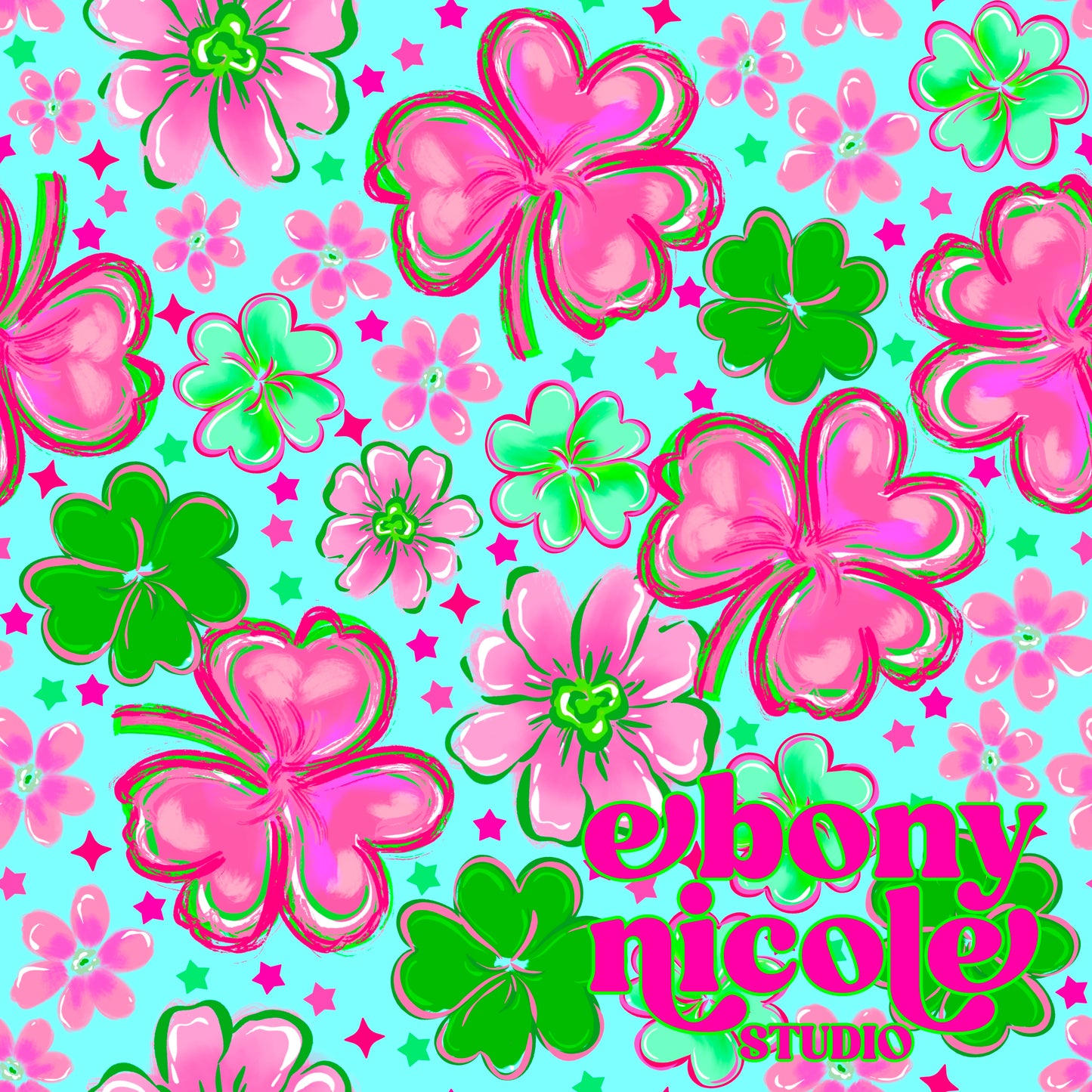 Floral Four Leaf Clover Seamless Pattern - Light Blue