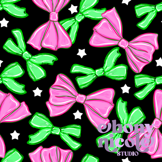 Pink & Green Boutique Bow Seamless Pattern- Black