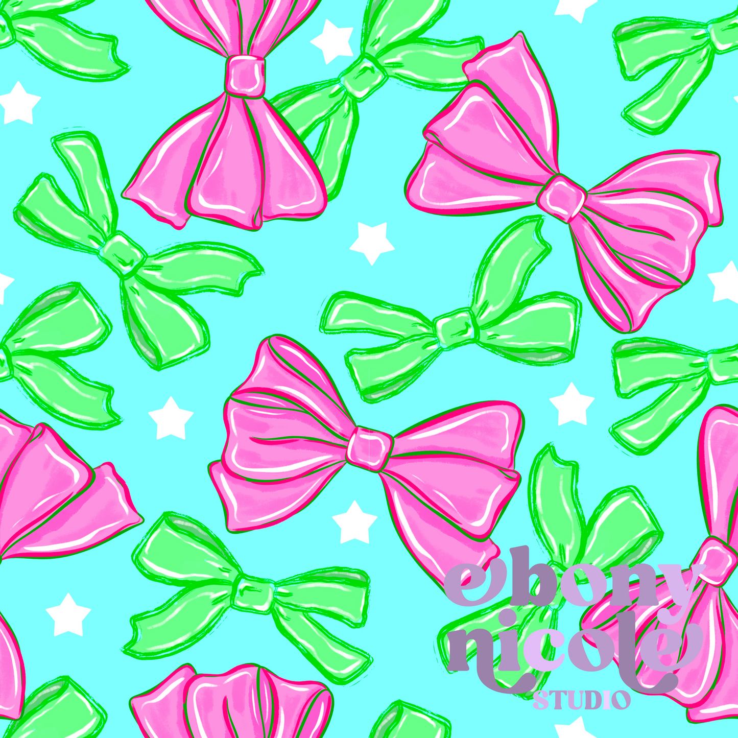 Pink & Green Boutique Bow Seamless Pattern- Light Blue